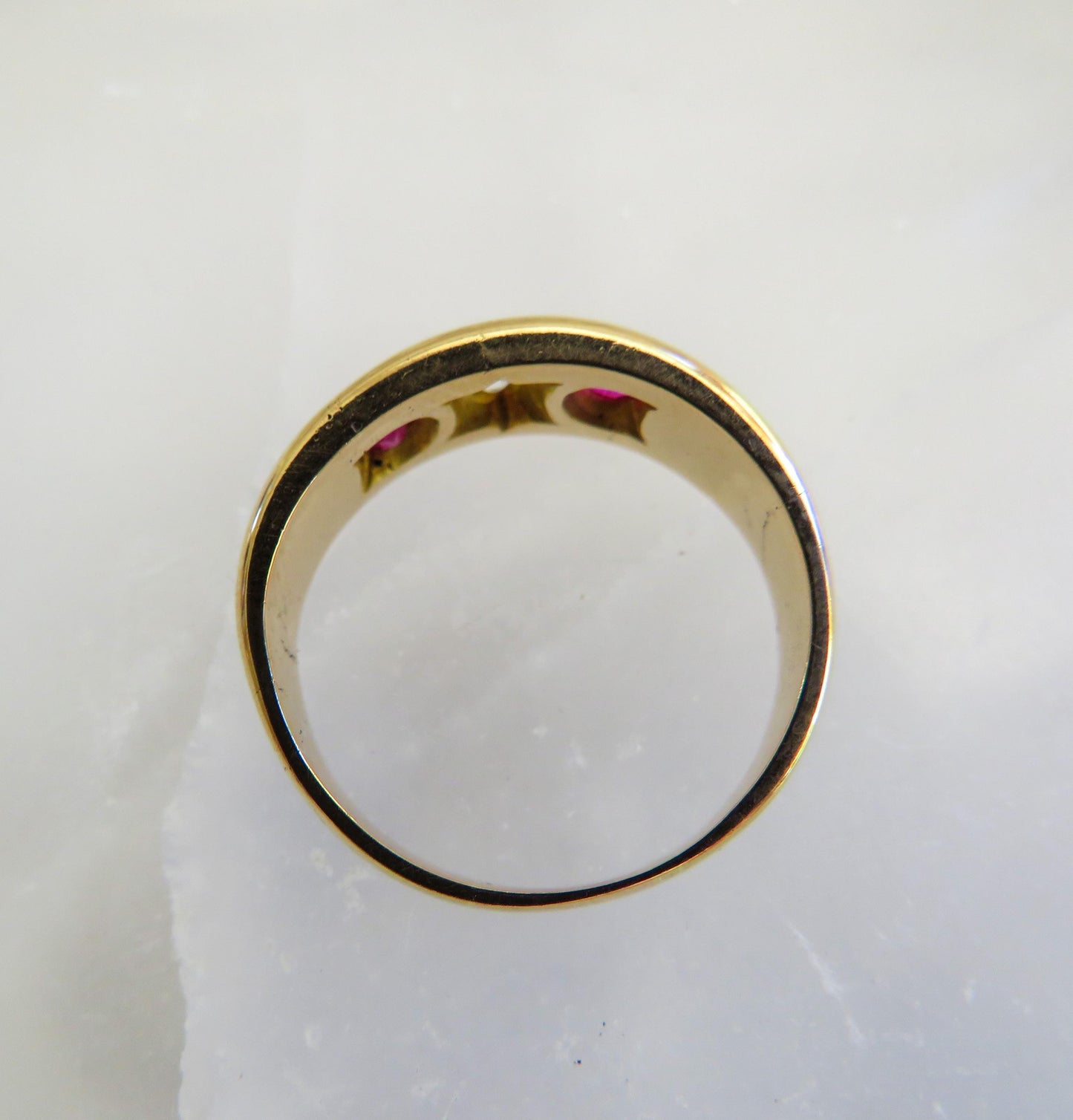 Antique 18K Gold Old Mine Cut Diamond & Ruby Trilogy Ring