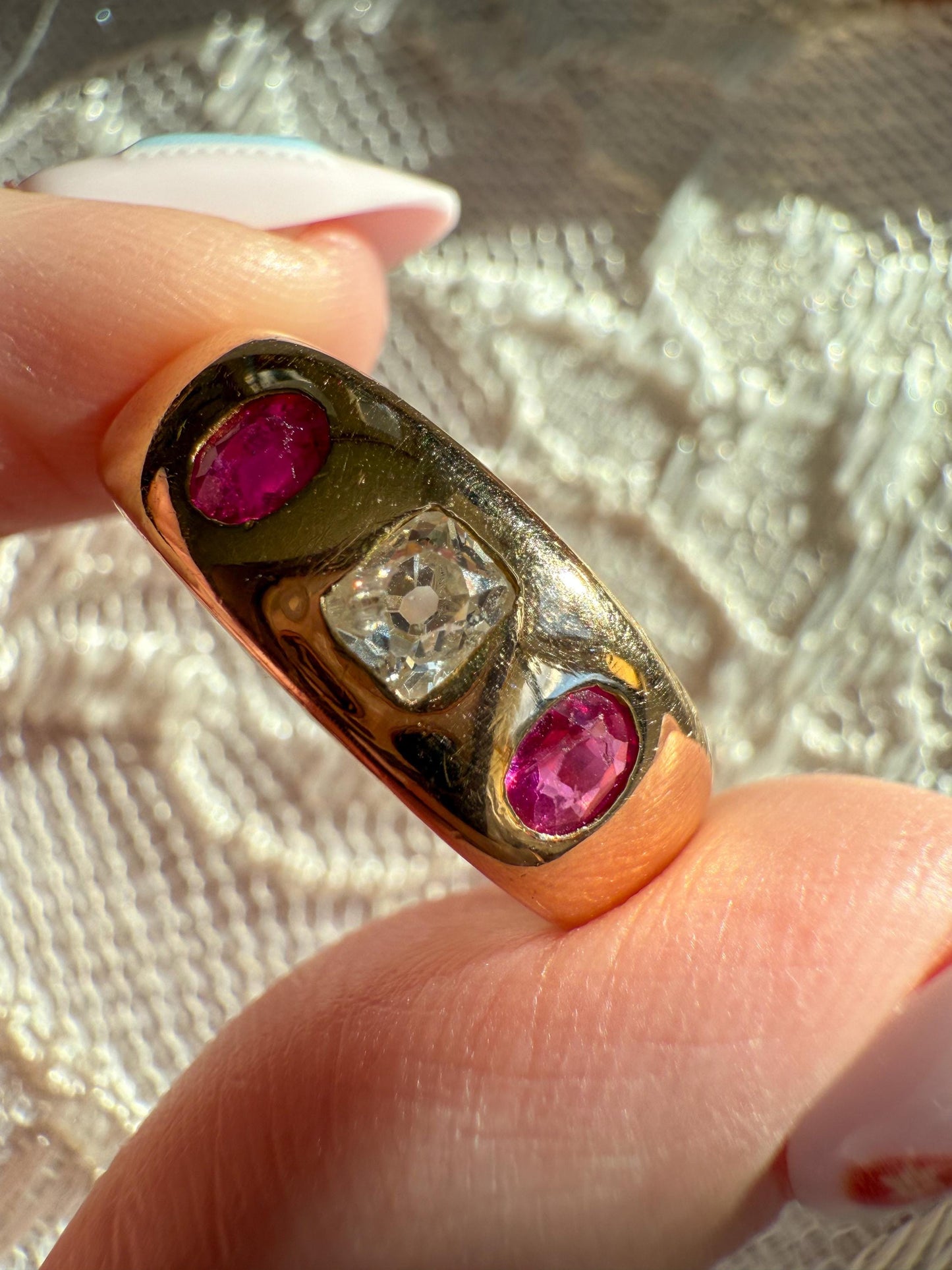 Antique 18K Gold Old Mine Cut Diamond & Ruby Trilogy Ring