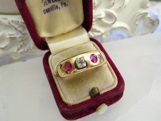 Antique 18K Gold Old Mine Cut Diamond & Ruby Trilogy Ring