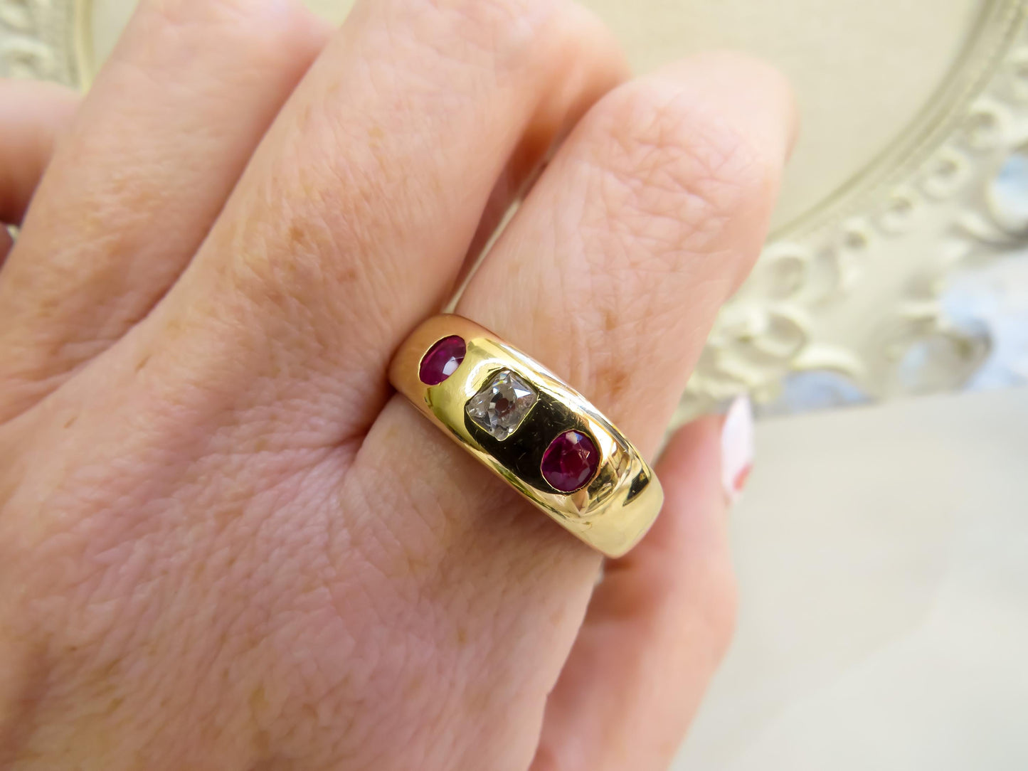 Antique 18K Gold Old Mine Cut Diamond & Ruby Trilogy Ring