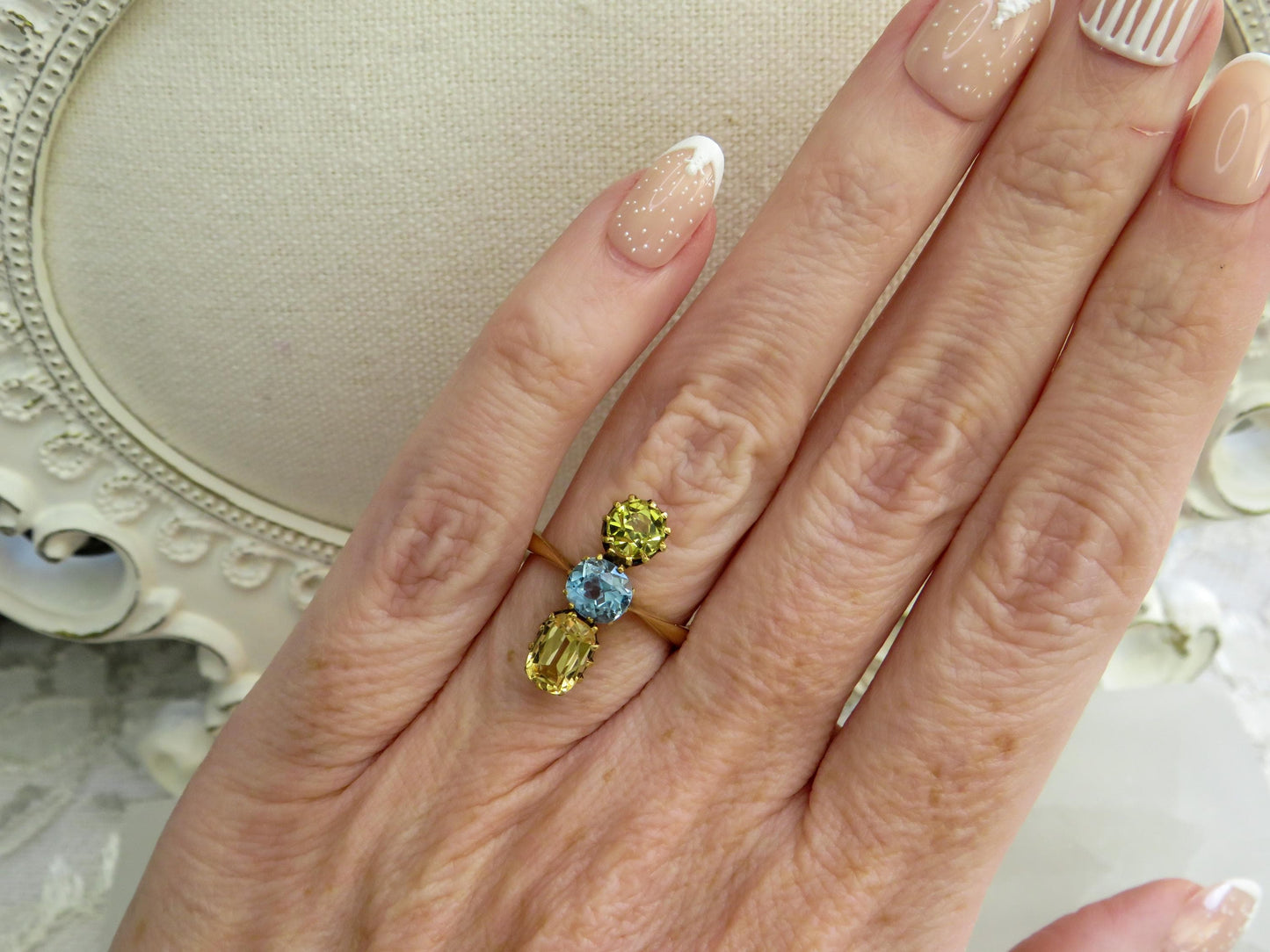 Antique Three-Stone Topaz & Heliodor Ring in 15K Gold