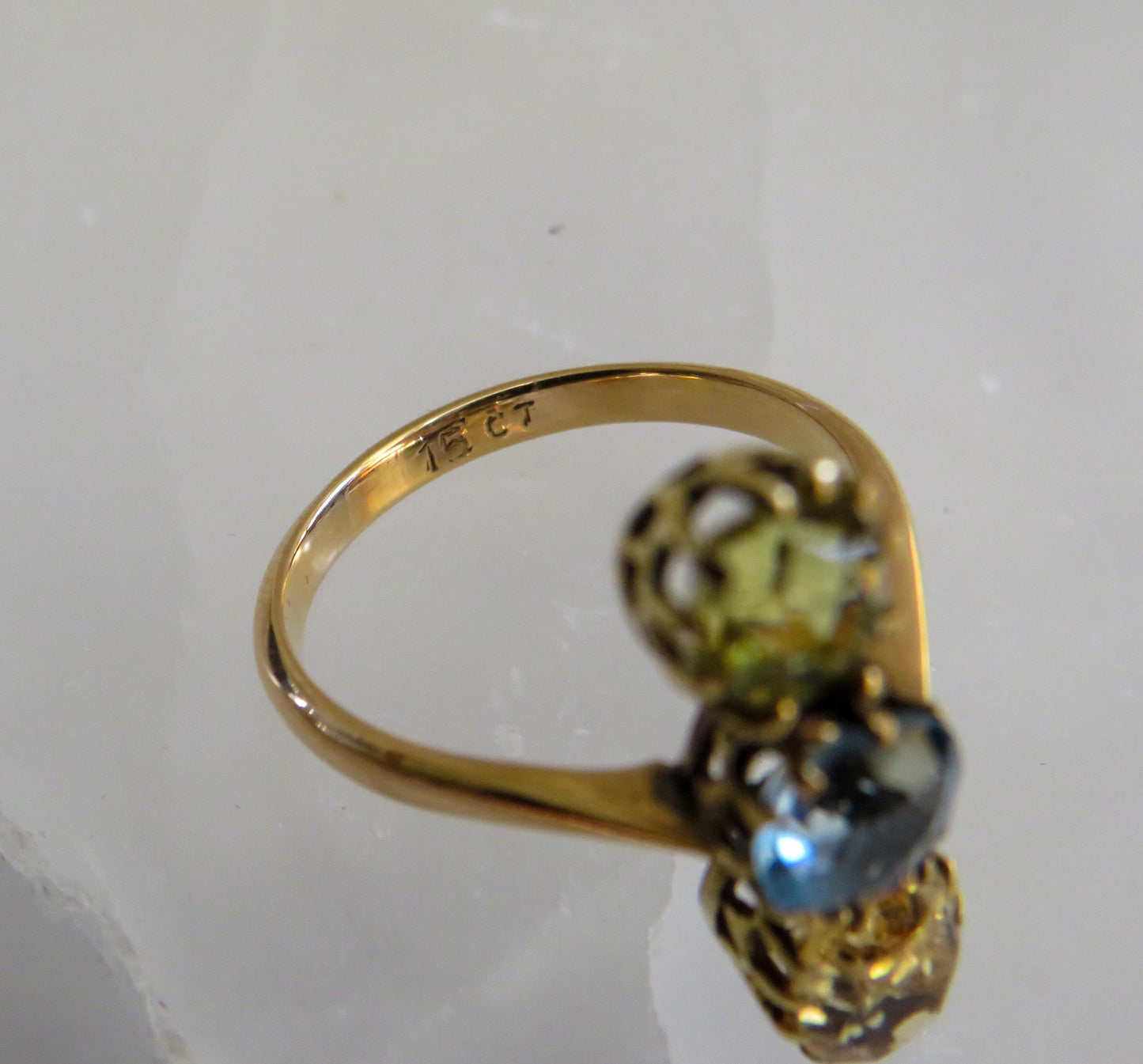 Antique Three-Stone Topaz & Heliodor Ring in 15K Gold