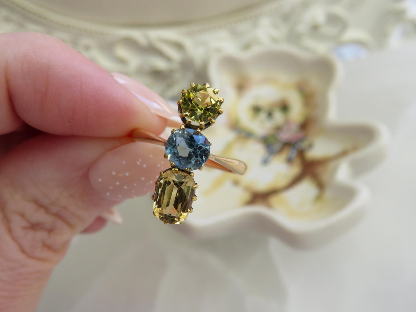Antique Three-Stone Topaz & Heliodor Ring in 15K Gold