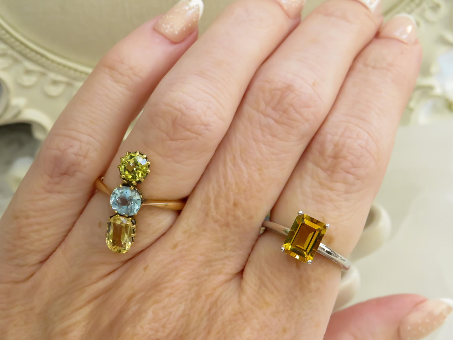 Antique Three-Stone Topaz & Heliodor Ring in 15K Gold