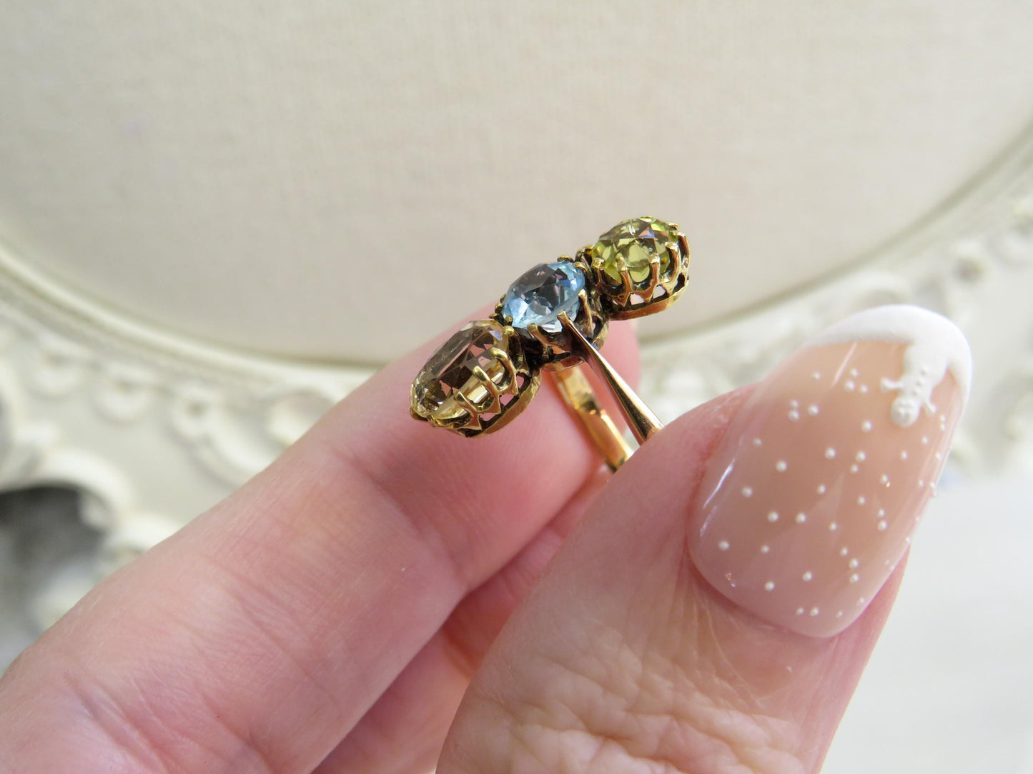 Antique Three-Stone Topaz & Heliodor Ring in 15K Gold