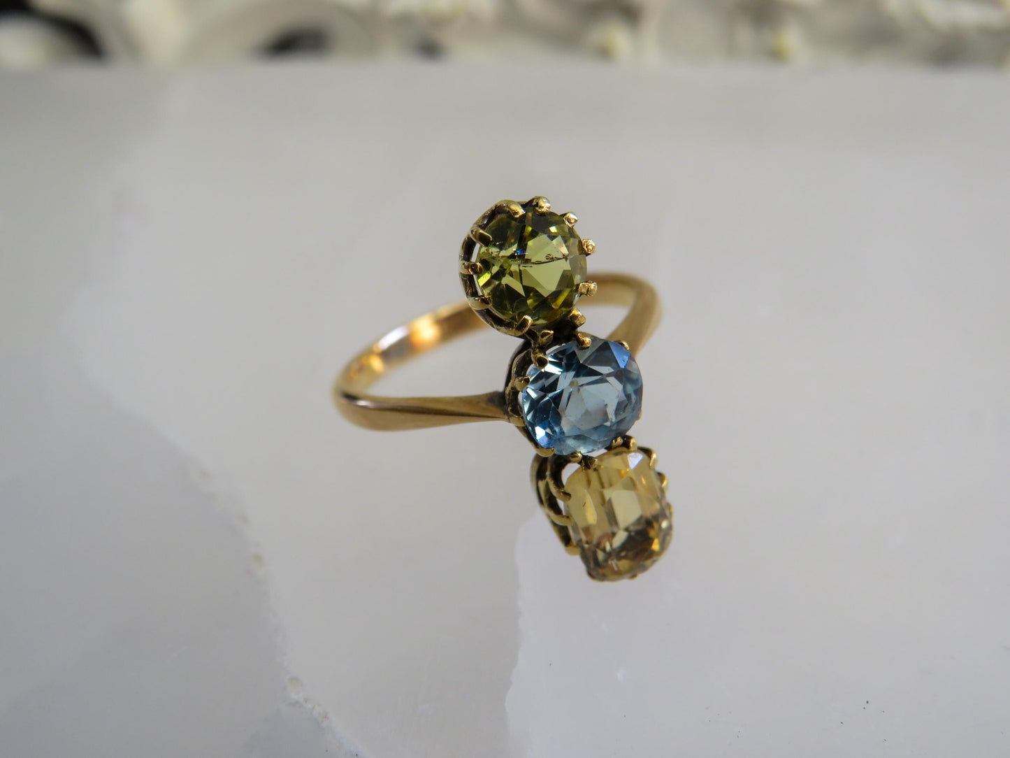 Antique Three-Stone Topaz & Heliodor Ring in 15K Gold