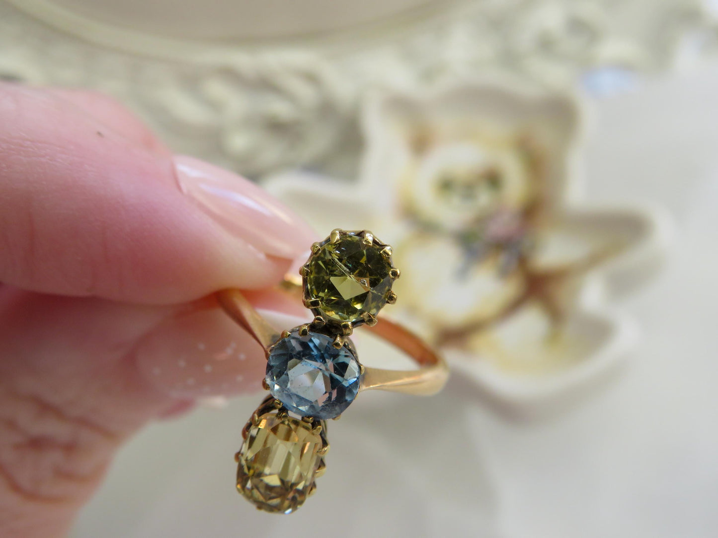 Antique Three-Stone Topaz & Heliodor Ring in 15K Gold