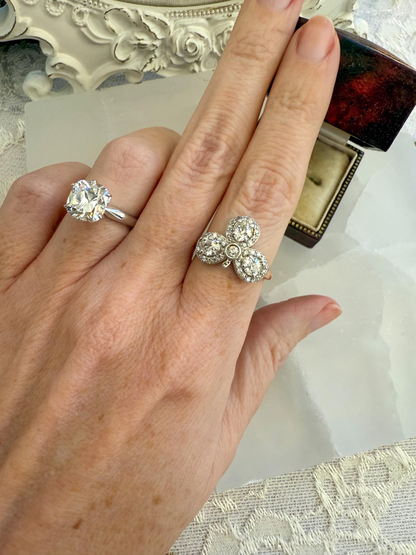 Antique Diamond Cluster Ring  Reconstructed Setting with Original Old-Cut Diamonds | 14K & Platinum
