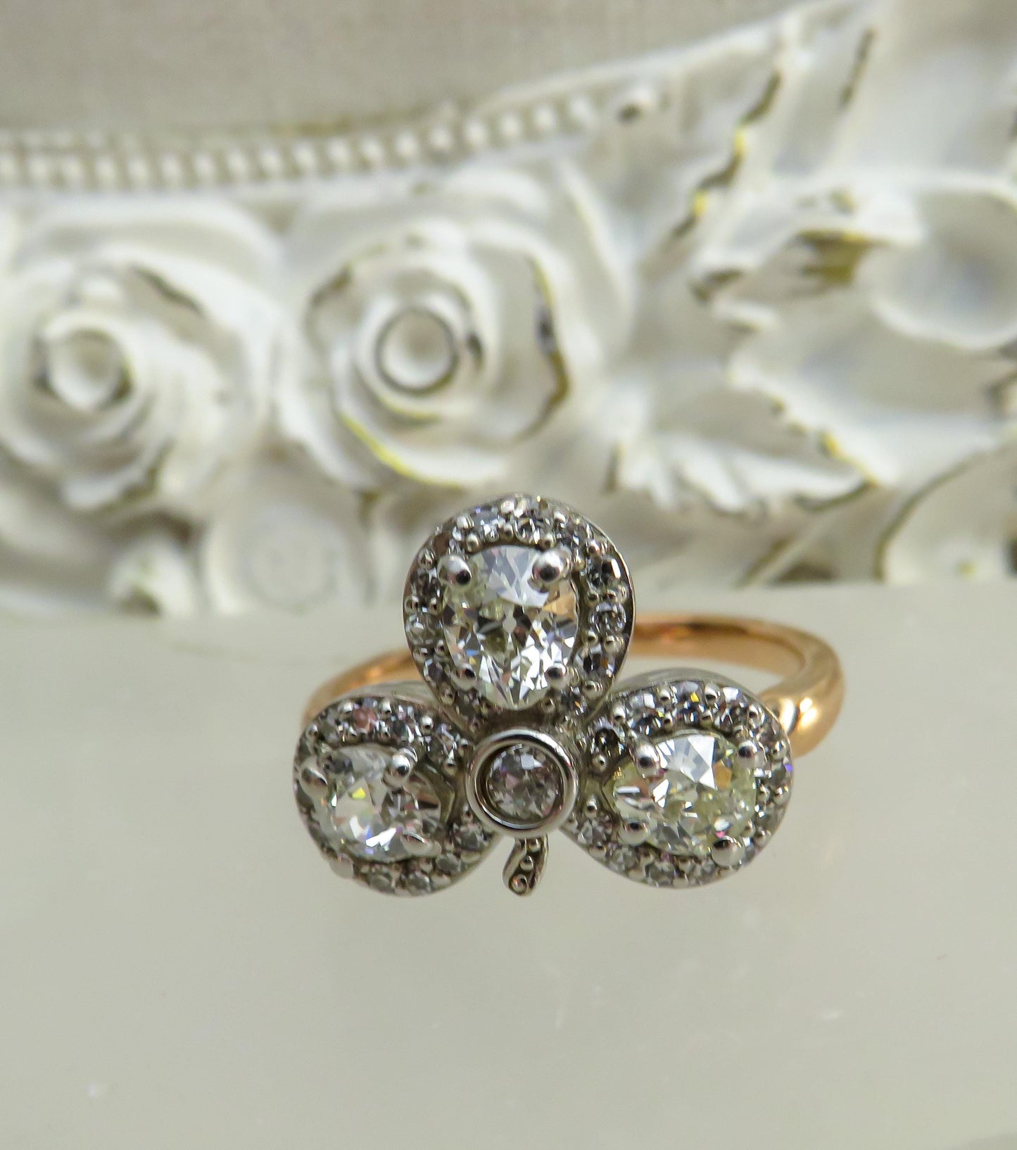 Antique Diamond Cluster Ring  Reconstructed Setting with Original Old-Cut Diamonds | 14K & Platinum