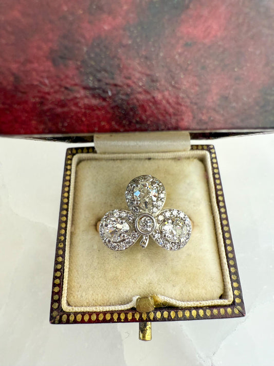 Antique Diamond Cluster Ring  Reconstructed Setting with Original Old-Cut Diamonds | 14K & Platinum