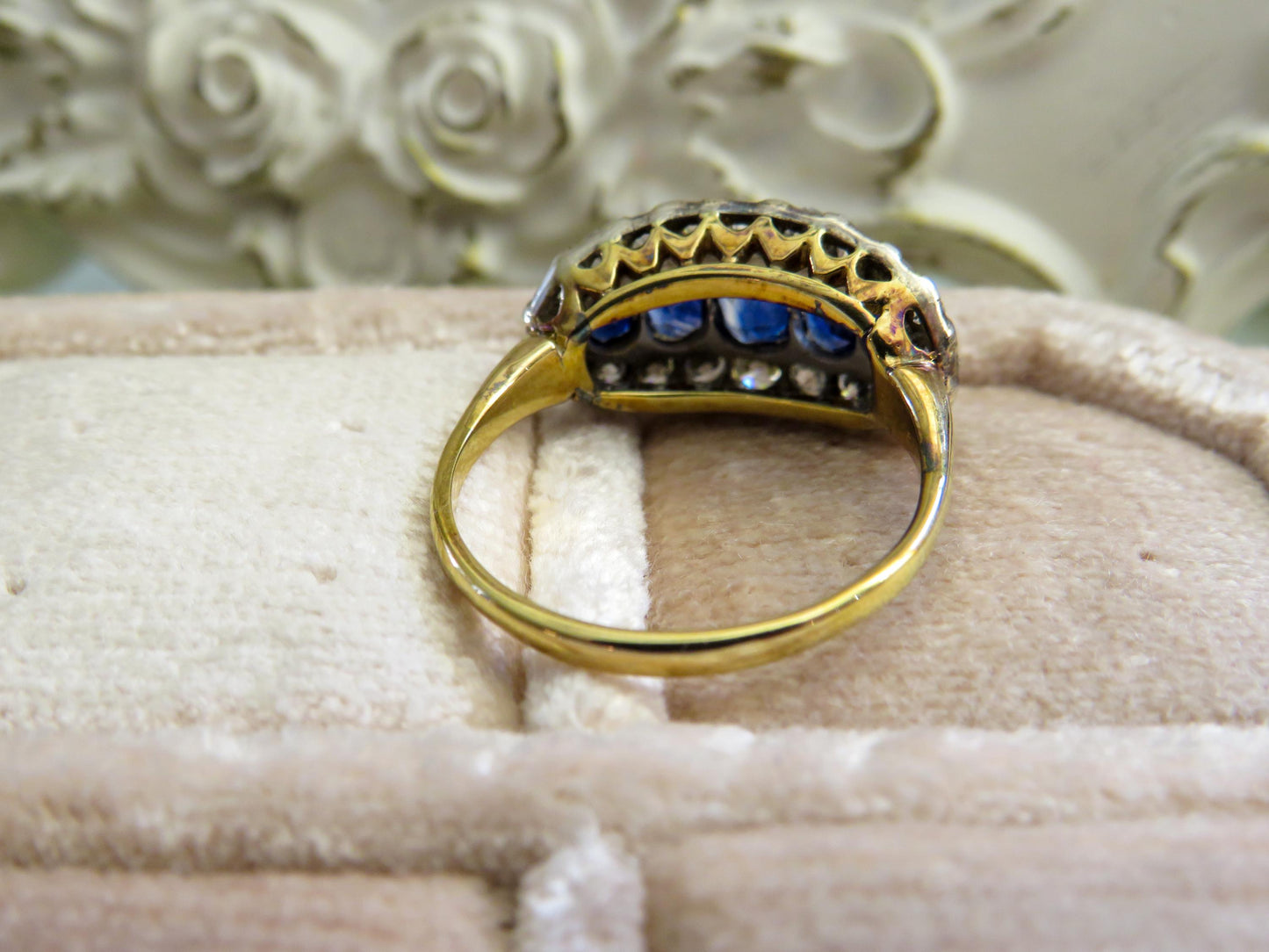 Antique Sapphire and Old Mine Cut Diamond Ring | 14K Gold & Silver Top