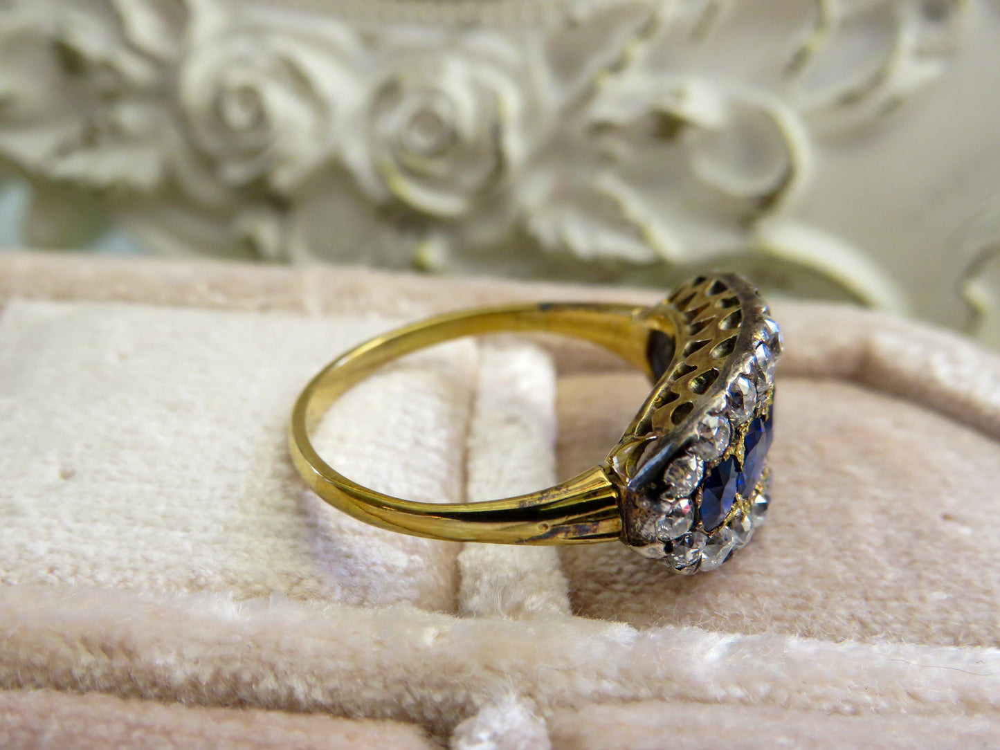 Antique Sapphire and Old Mine Cut Diamond Ring | 14K Gold & Silver Top