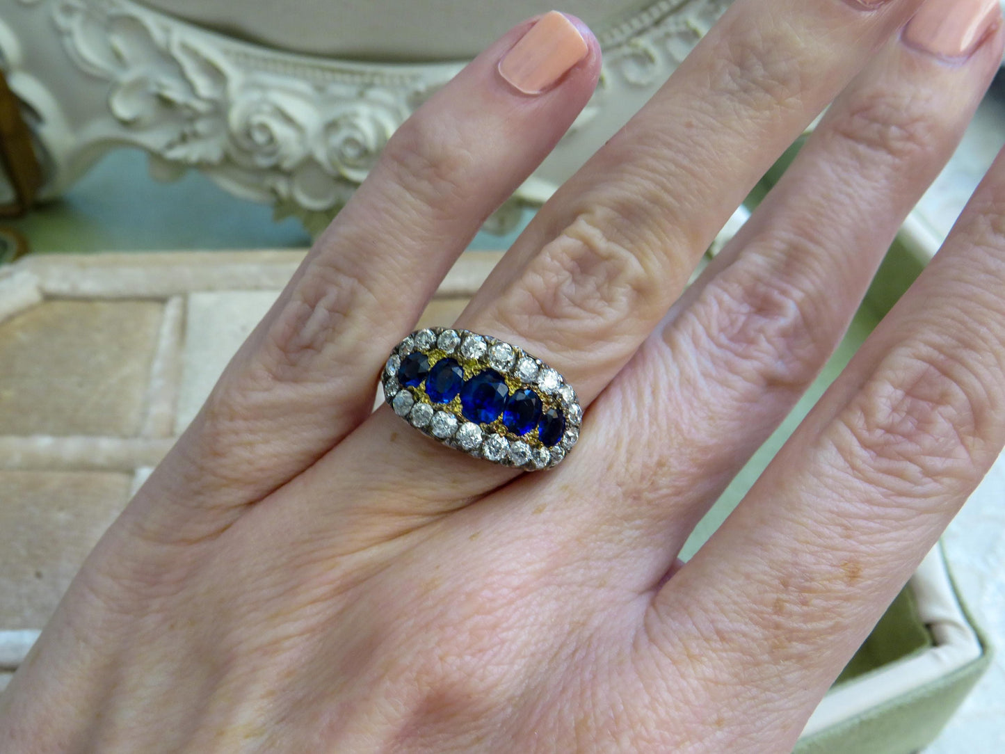 Antique Sapphire and Old Mine Cut Diamond Ring | 14K Gold & Silver Top