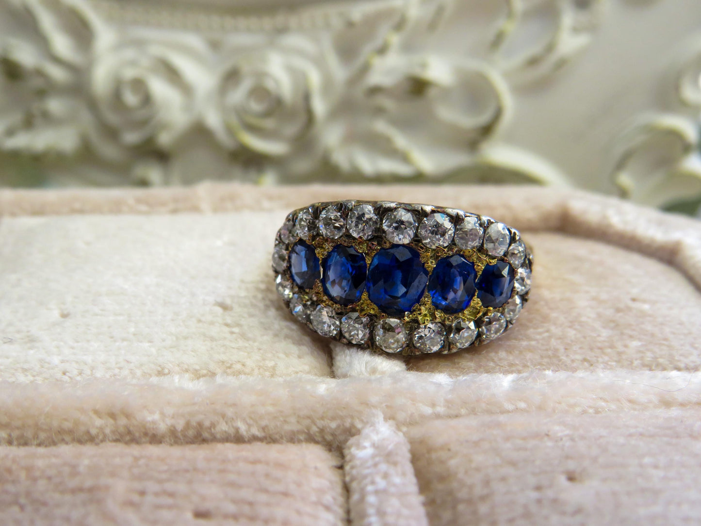 Antique Sapphire and Old Mine Cut Diamond Ring | 14K Gold & Silver Top