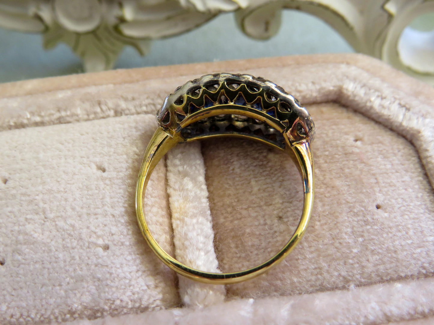 Antique Sapphire and Old Mine Cut Diamond Ring | 14K Gold & Silver Top