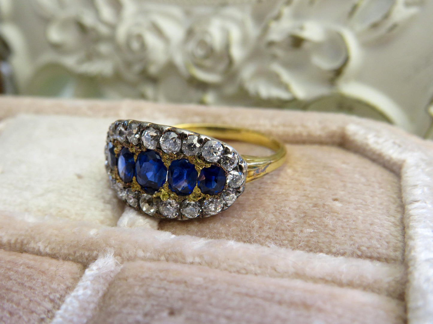 Antique Sapphire and Old Mine Cut Diamond Ring | 14K Gold & Silver Top