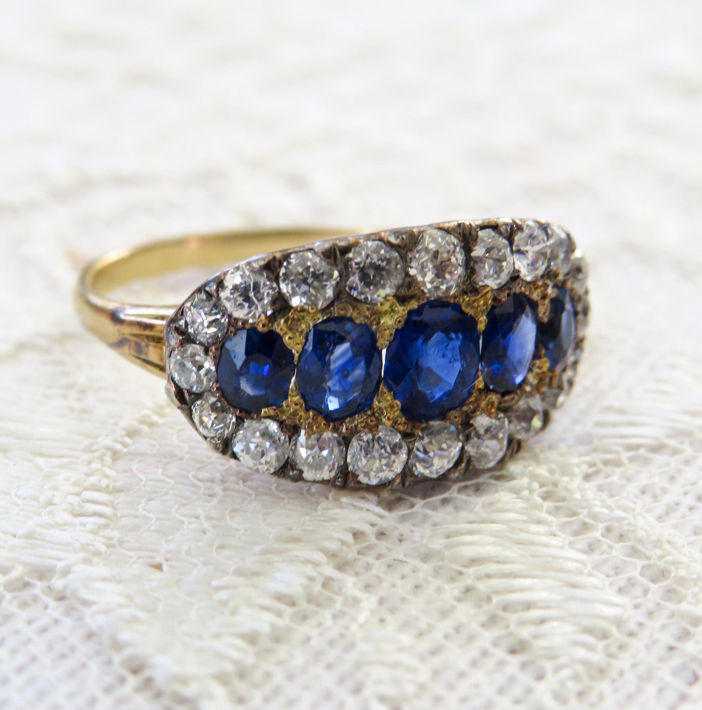 Antique Sapphire and Old Mine Cut Diamond Ring | 14K Gold & Silver Top