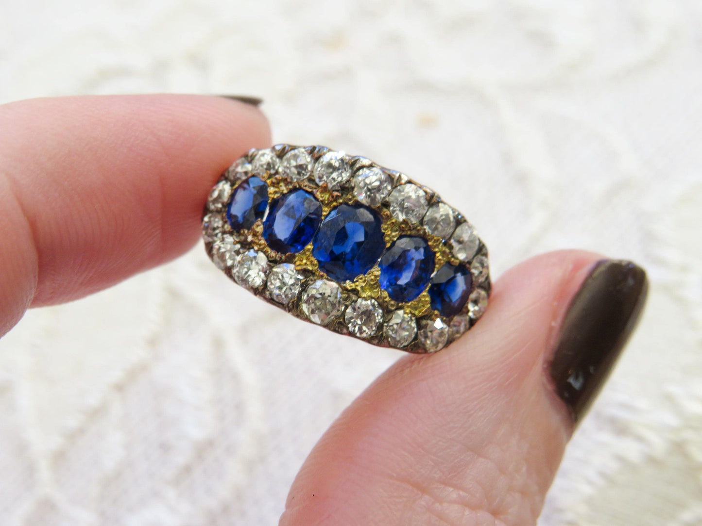 Antique Sapphire and Old Mine Cut Diamond Ring | 14K Gold & Silver Top