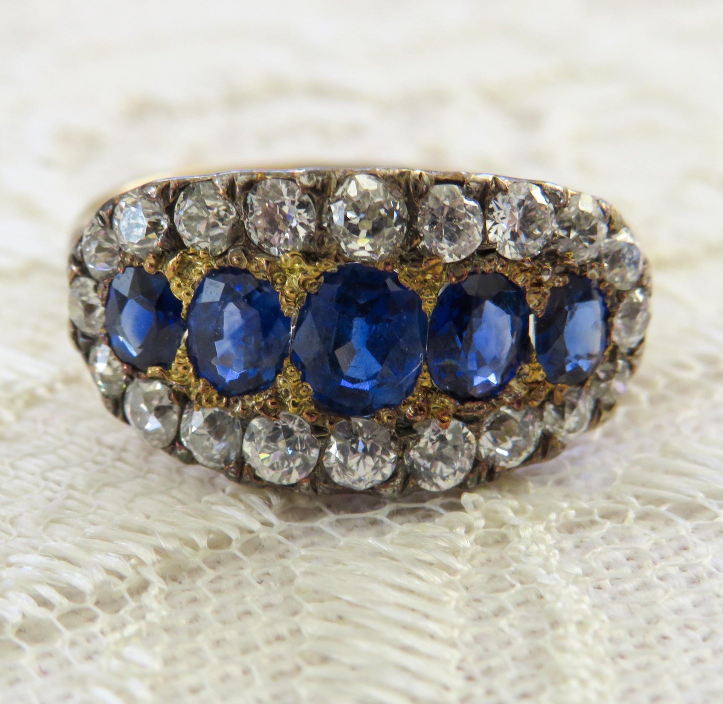 Antique Sapphire and Old Mine Cut Diamond Ring | 14K Gold & Silver Top