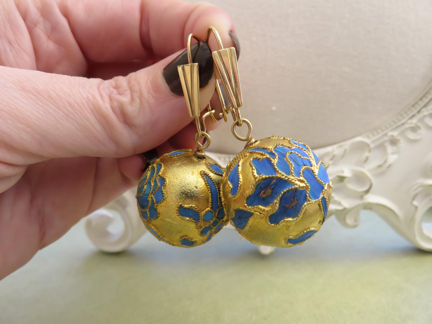 Vintage Kingfisher Feather Ball Drop Earrings 14K