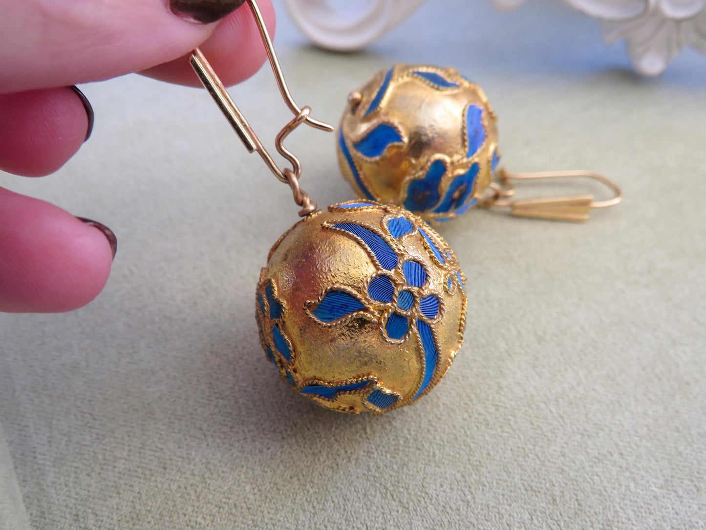 Vintage Kingfisher Feather Ball Drop Earrings 14K