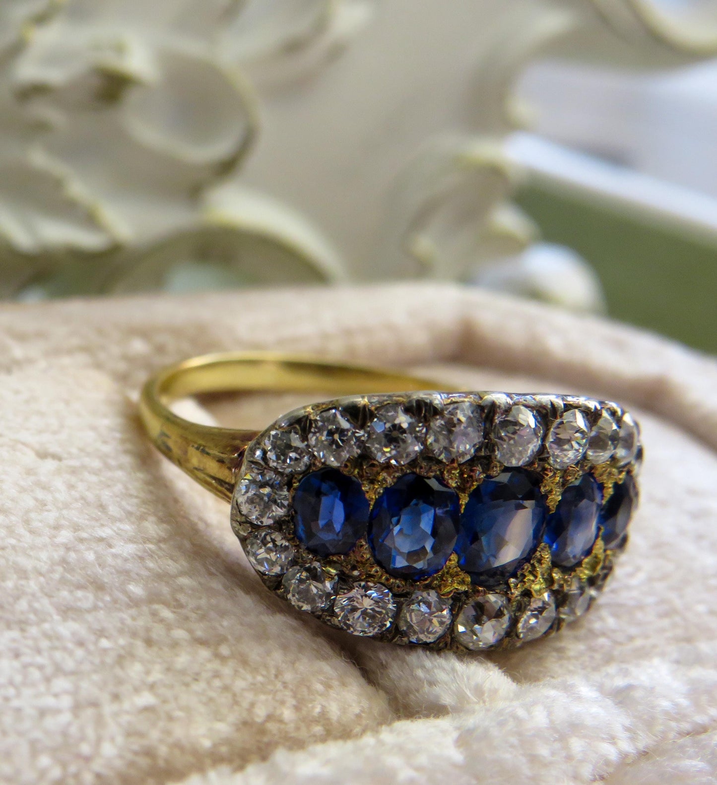 Antique Sapphire and Old Mine Cut Diamond Ring | 14K Gold & Silver Top