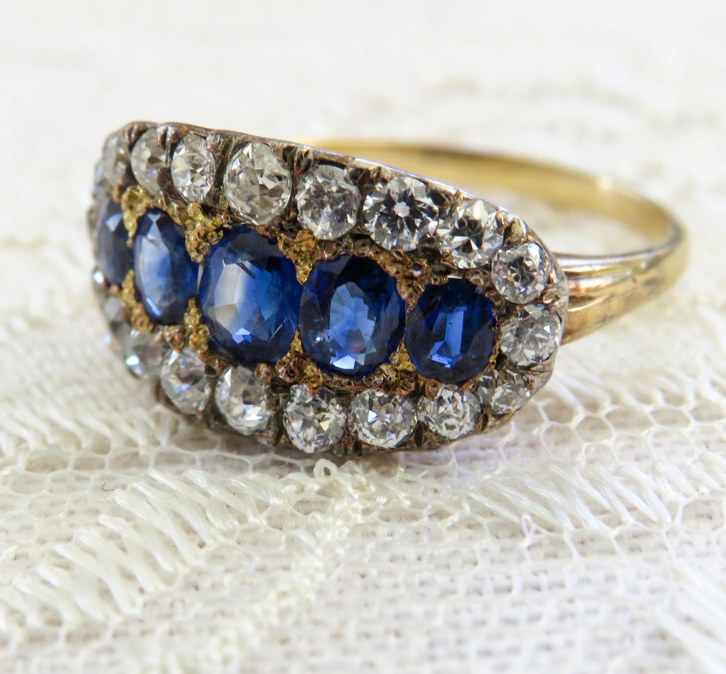 Antique Sapphire and Old Mine Cut Diamond Ring | 14K Gold & Silver Top
