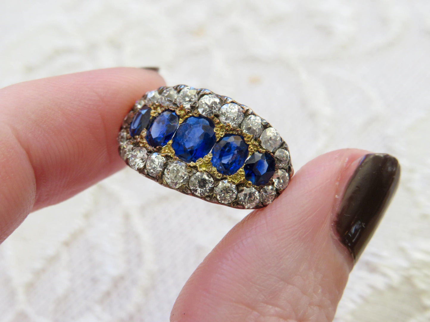 Antique Sapphire and Old Mine Cut Diamond Ring | 14K Gold & Silver Top