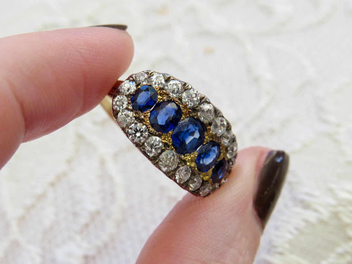 Antique Sapphire and Old Mine Cut Diamond Ring | 14K Gold & Silver Top