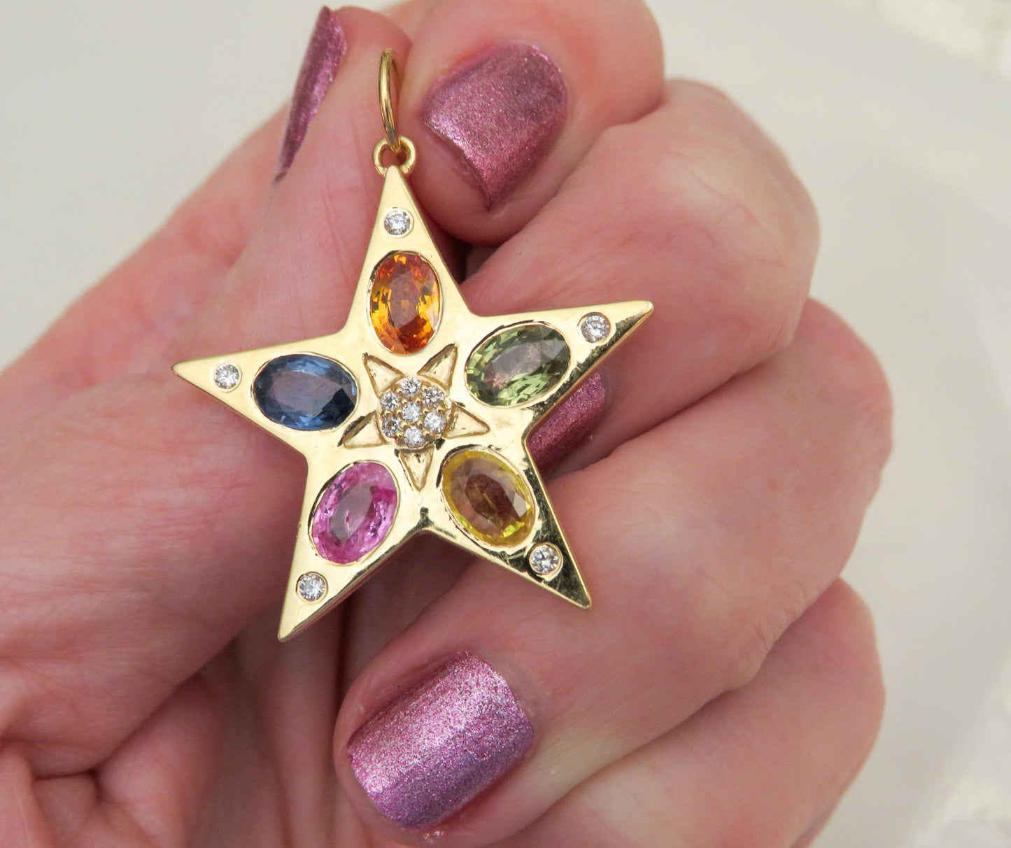 14K Yellow Gold Star Pendant with Multicolor Sapphires & Diamonds