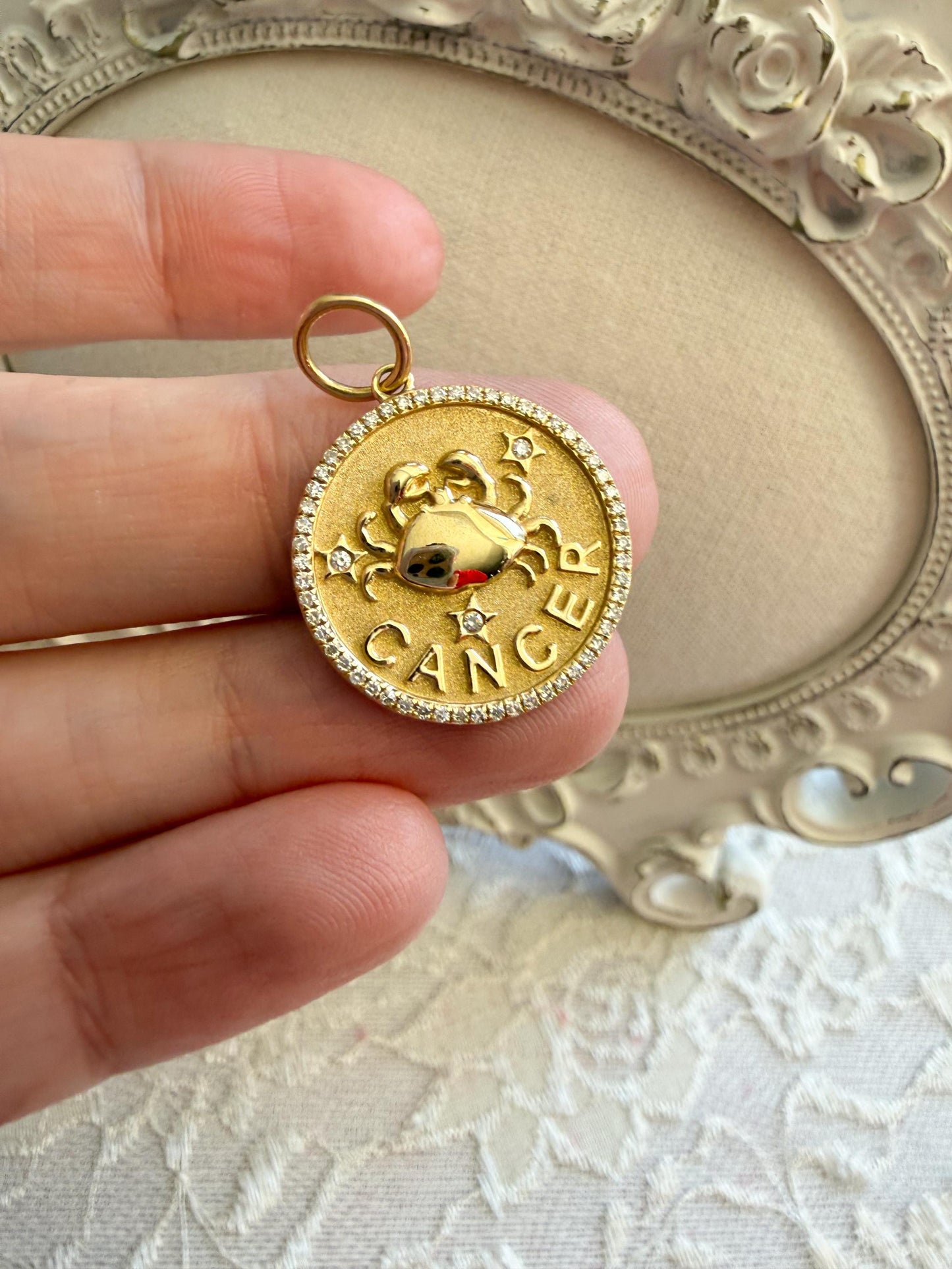 14K Yellow Gold Cancer Zodiac Pendant with Diamonds