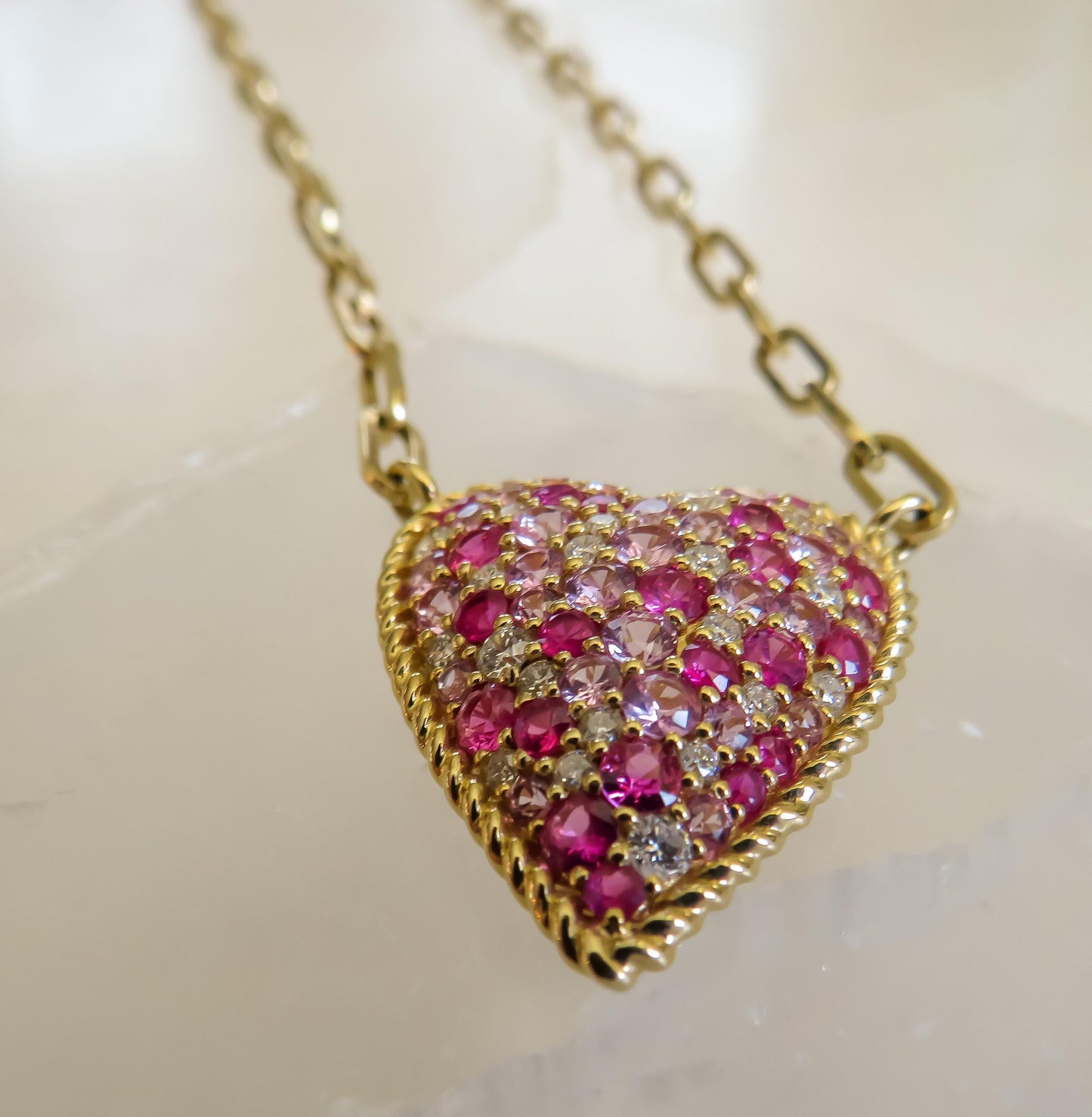 14K Yellow Gold Heart Necklace with Diamond & Pink Sapphire Confetti