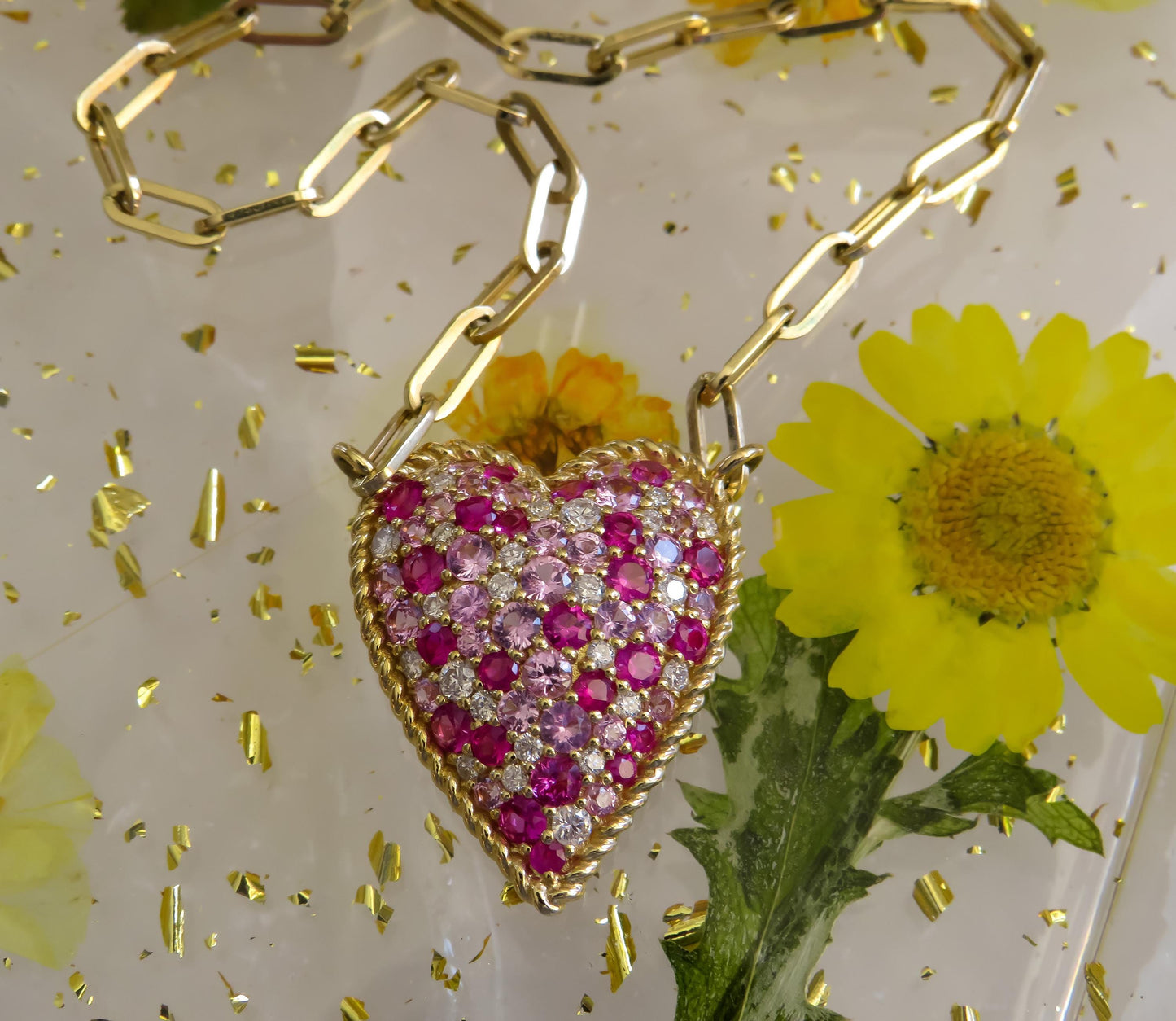 14K Yellow Gold Heart Necklace with Diamond & Pink Sapphire Confetti