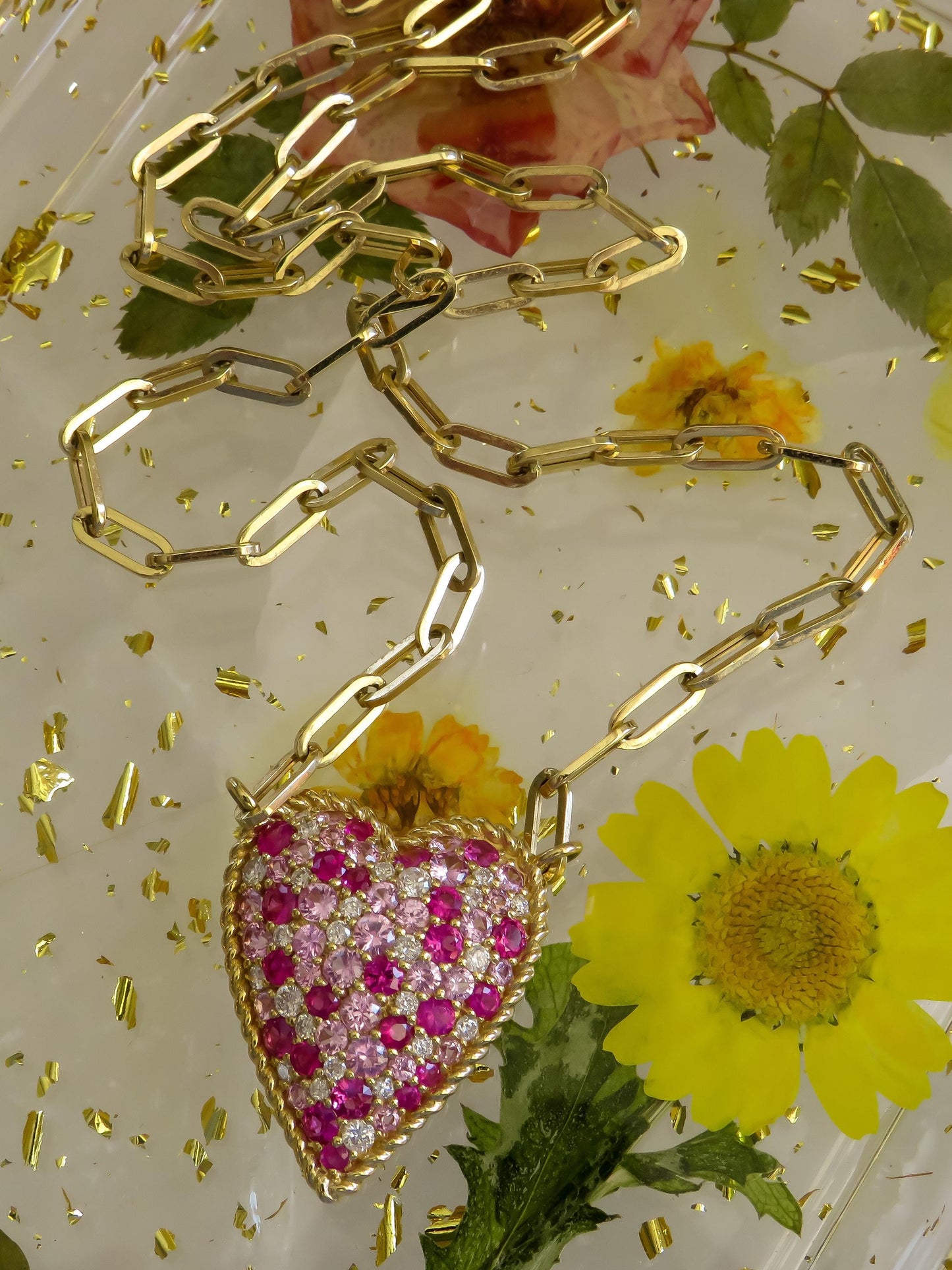 14K Yellow Gold Heart Necklace with Diamond & Pink Sapphire Confetti