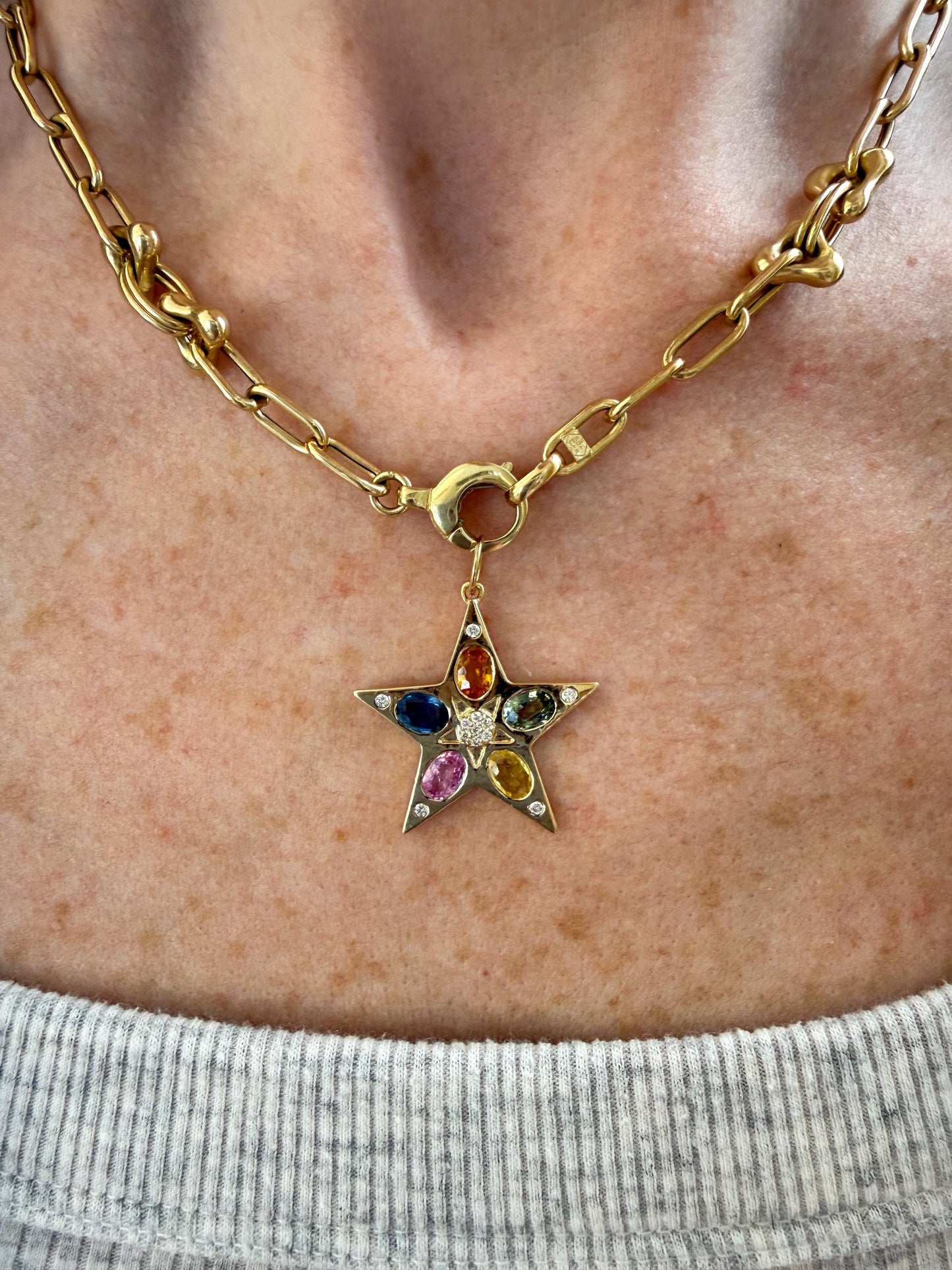 14K Yellow Gold Star Pendant with Multicolor Sapphires & Diamonds