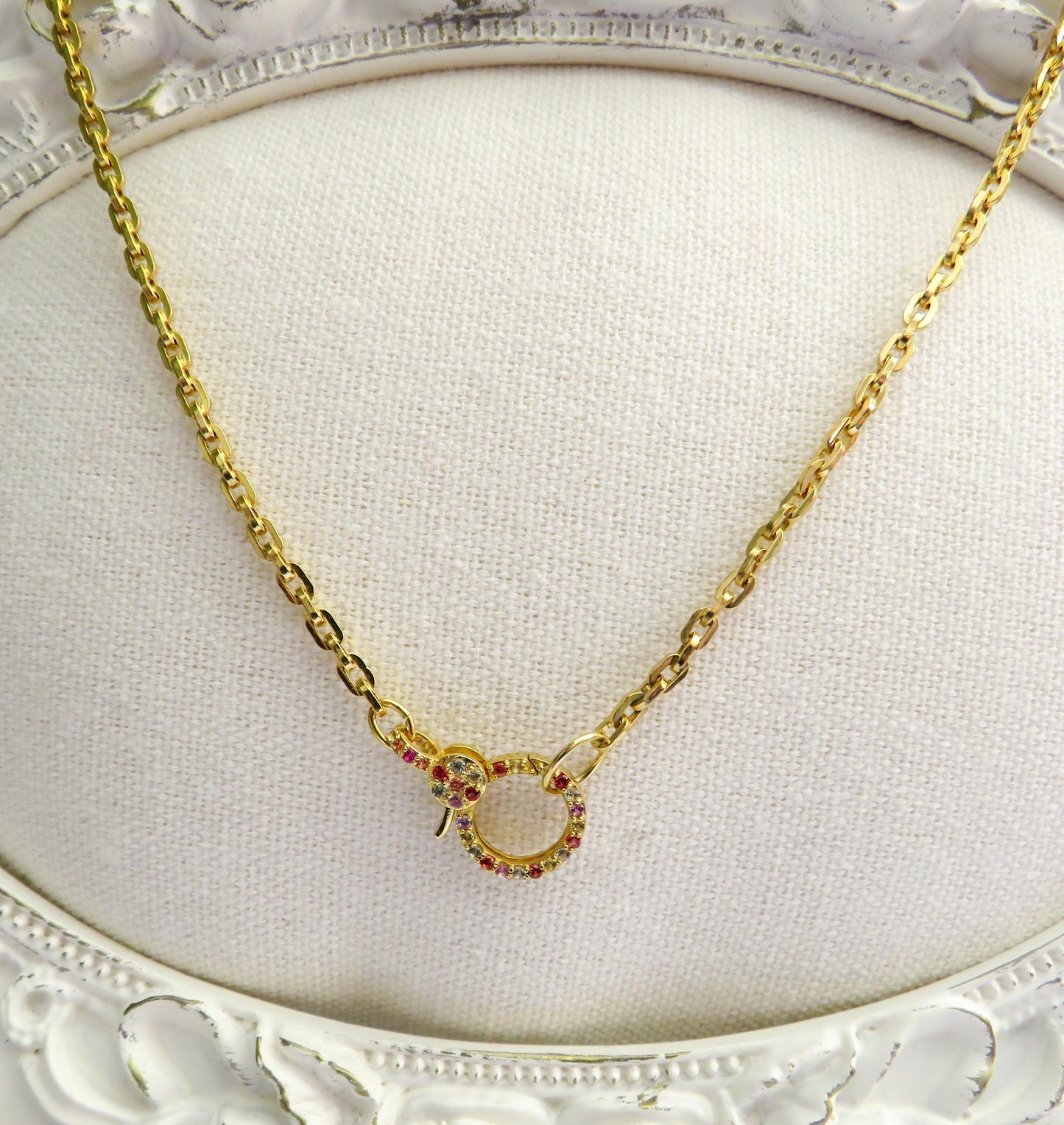 14K Yellow Gold Rainbow Sapphire Charm Holder Necklace