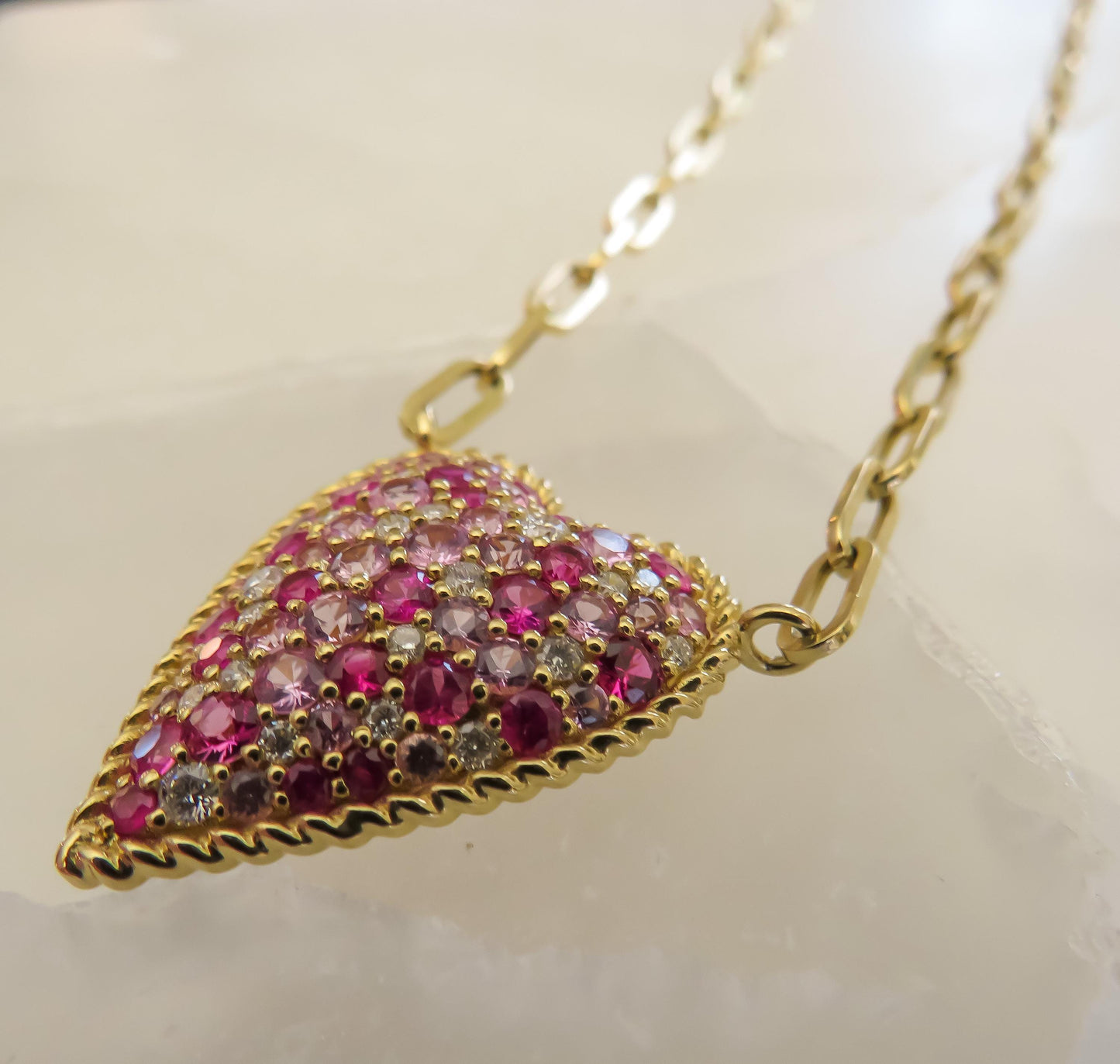 14K Yellow Gold Heart Necklace with Diamond & Pink Sapphire Confetti