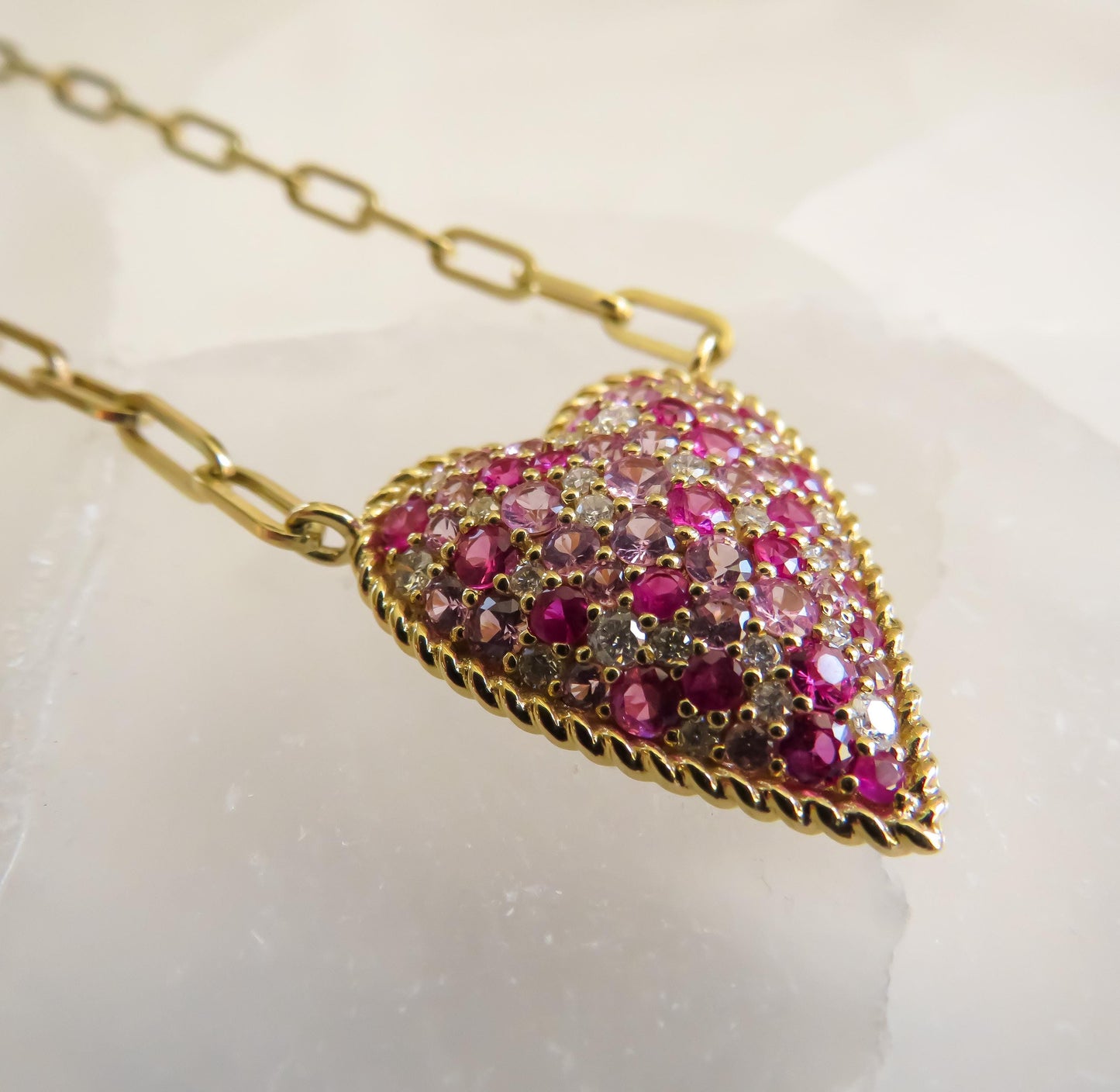 14K Yellow Gold Heart Necklace with Diamond & Pink Sapphire Confetti