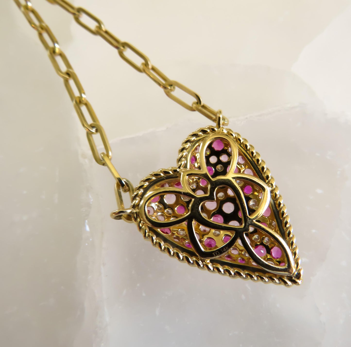 14K Yellow Gold Heart Necklace with Diamond & Pink Sapphire Confetti