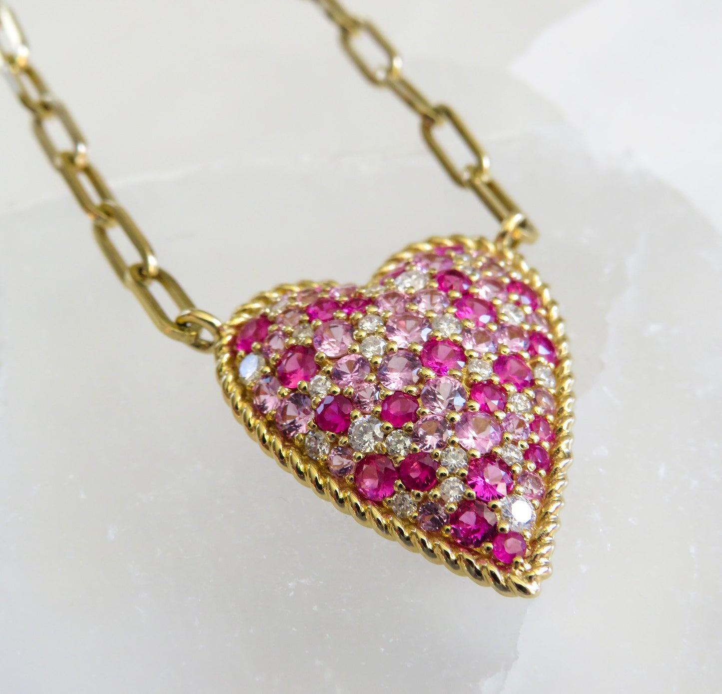 14K Yellow Gold Heart Necklace with Diamond & Pink Sapphire Confetti