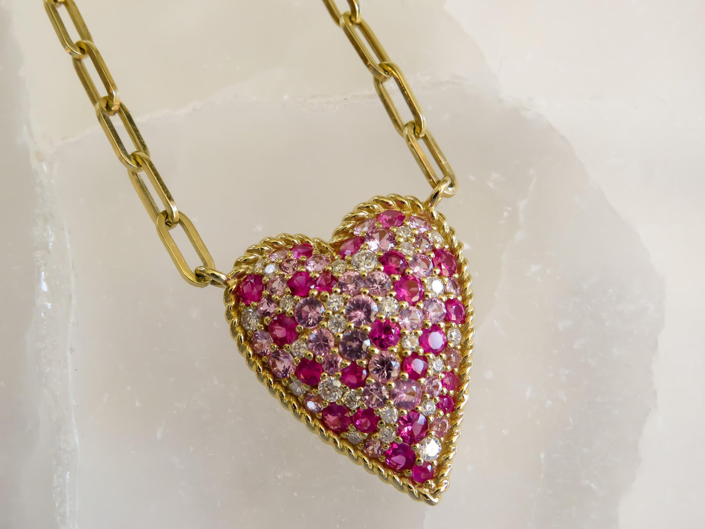 14K Yellow Gold Heart Necklace with Diamond & Pink Sapphire Confetti