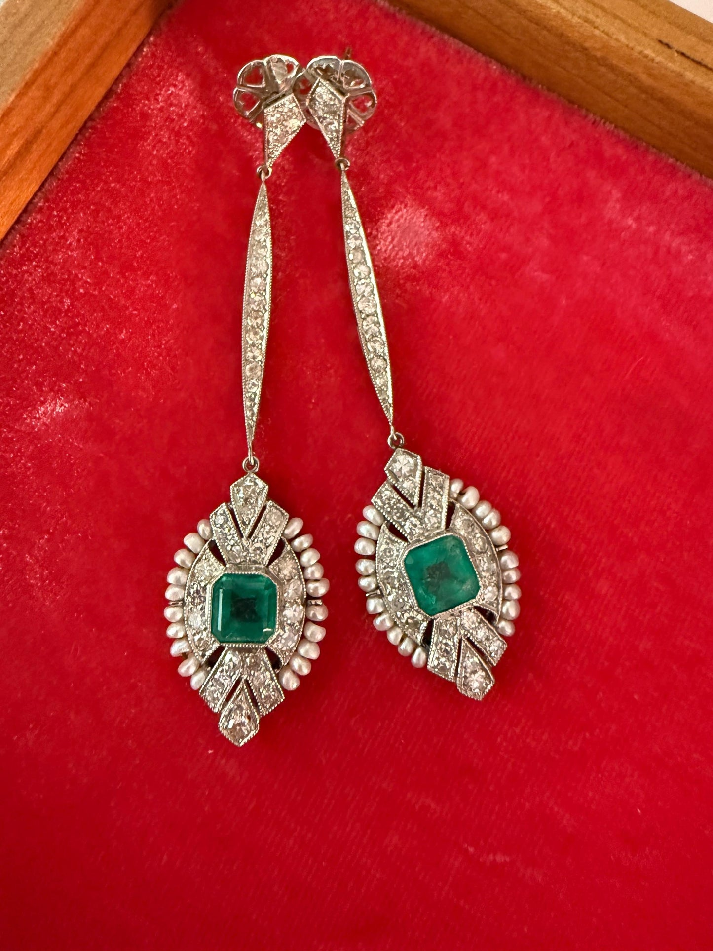 Art Deco Emerald & Diamond Cocktail Earrings | Platinum, Pearls and Old-Cut Diamonds