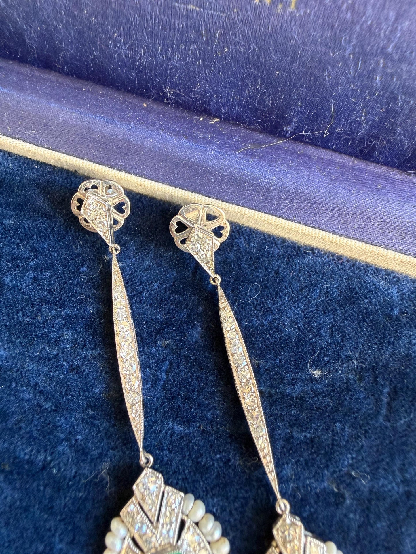 Art Deco Emerald & Diamond Cocktail Earrings | Platinum, Pearls and Old-Cut Diamonds