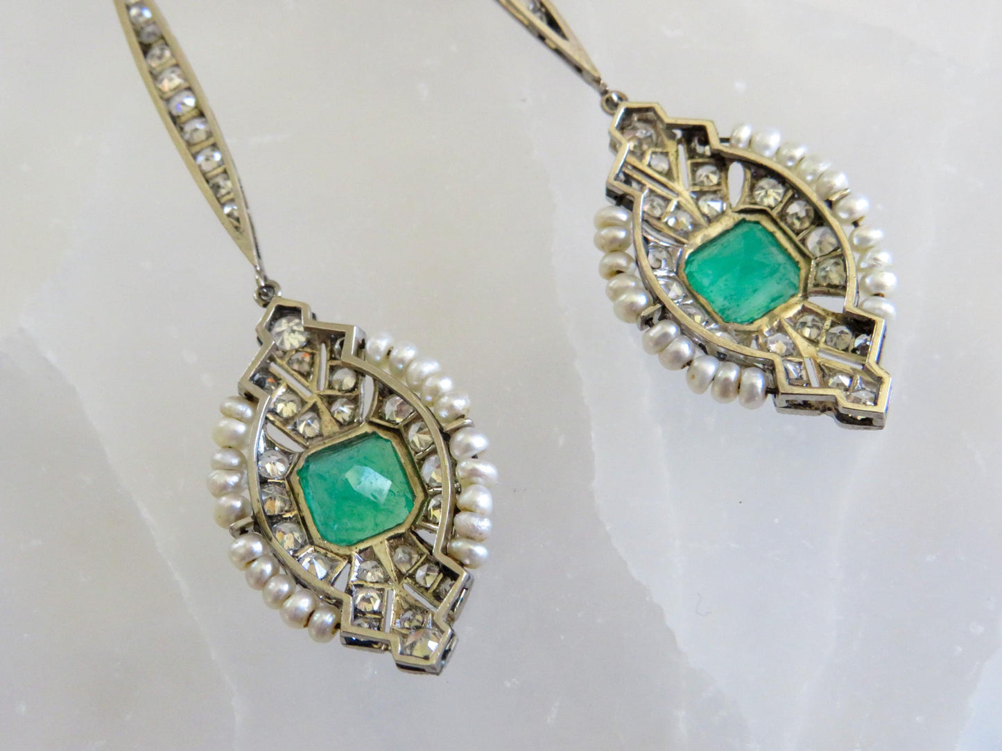 Art Deco Emerald & Diamond Cocktail Earrings | Platinum, Pearls and Old-Cut Diamonds