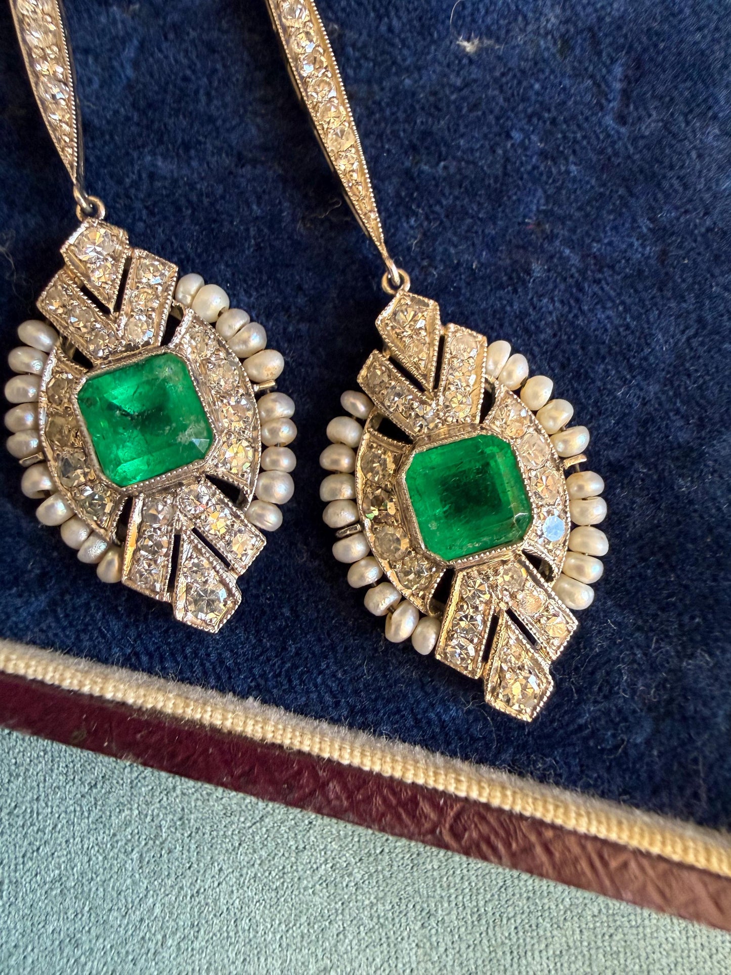 Art Deco Emerald & Diamond Cocktail Earrings | Platinum, Pearls and Old-Cut Diamonds