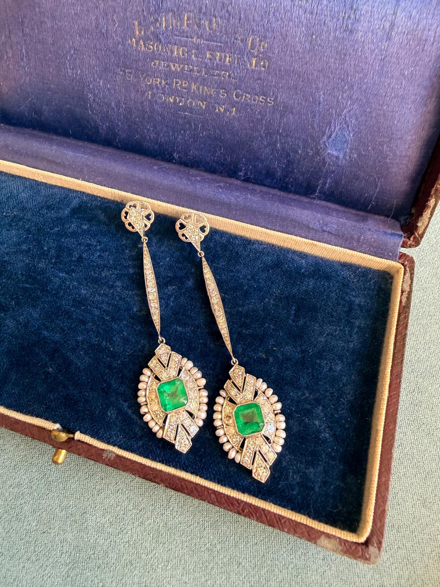 Art Deco Emerald & Diamond Cocktail Earrings | Platinum, Pearls and Old-Cut Diamonds