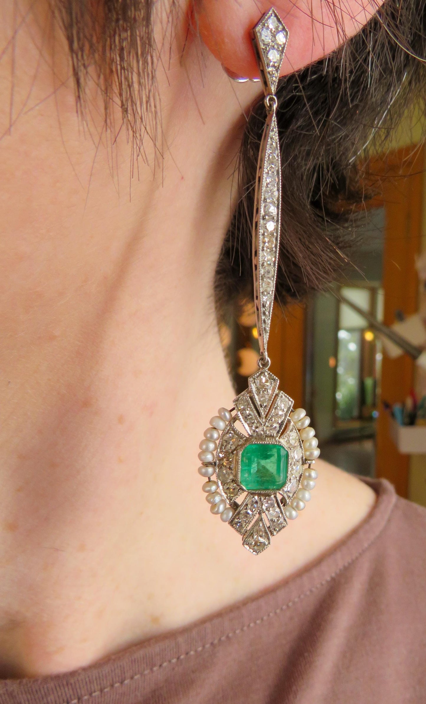 Art Deco Emerald & Diamond Cocktail Earrings | Platinum, Pearls and Old-Cut Diamonds