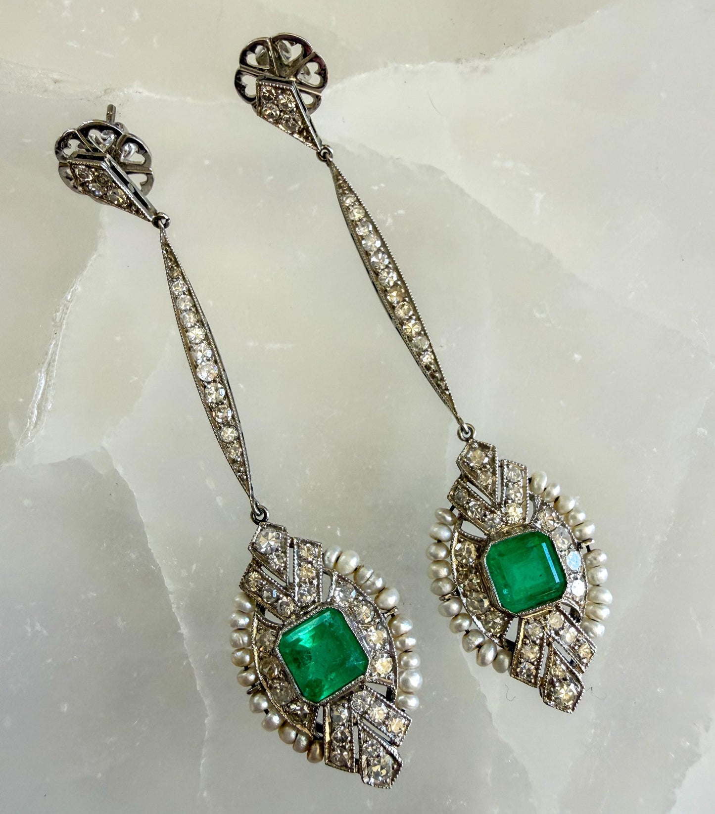 Art Deco Emerald & Diamond Cocktail Earrings | Platinum, Pearls and Old-Cut Diamonds