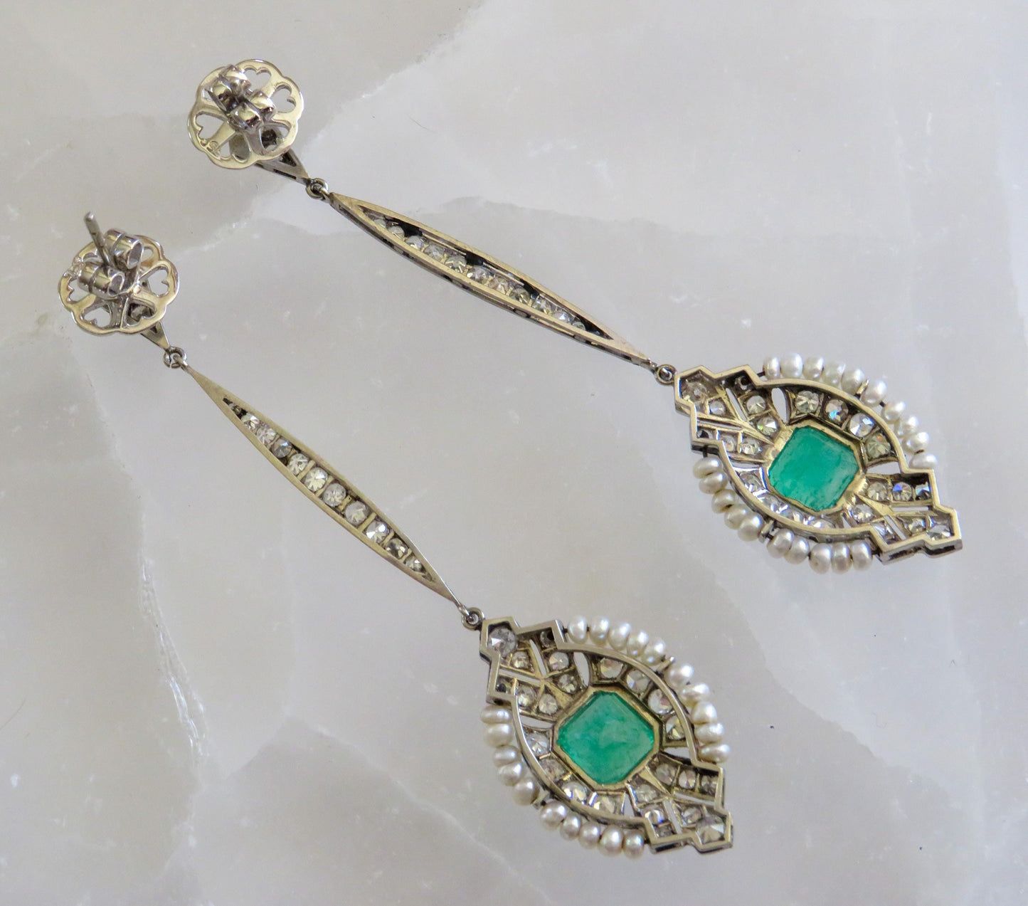 Art Deco Emerald & Diamond Cocktail Earrings | Platinum, Pearls and Old-Cut Diamonds