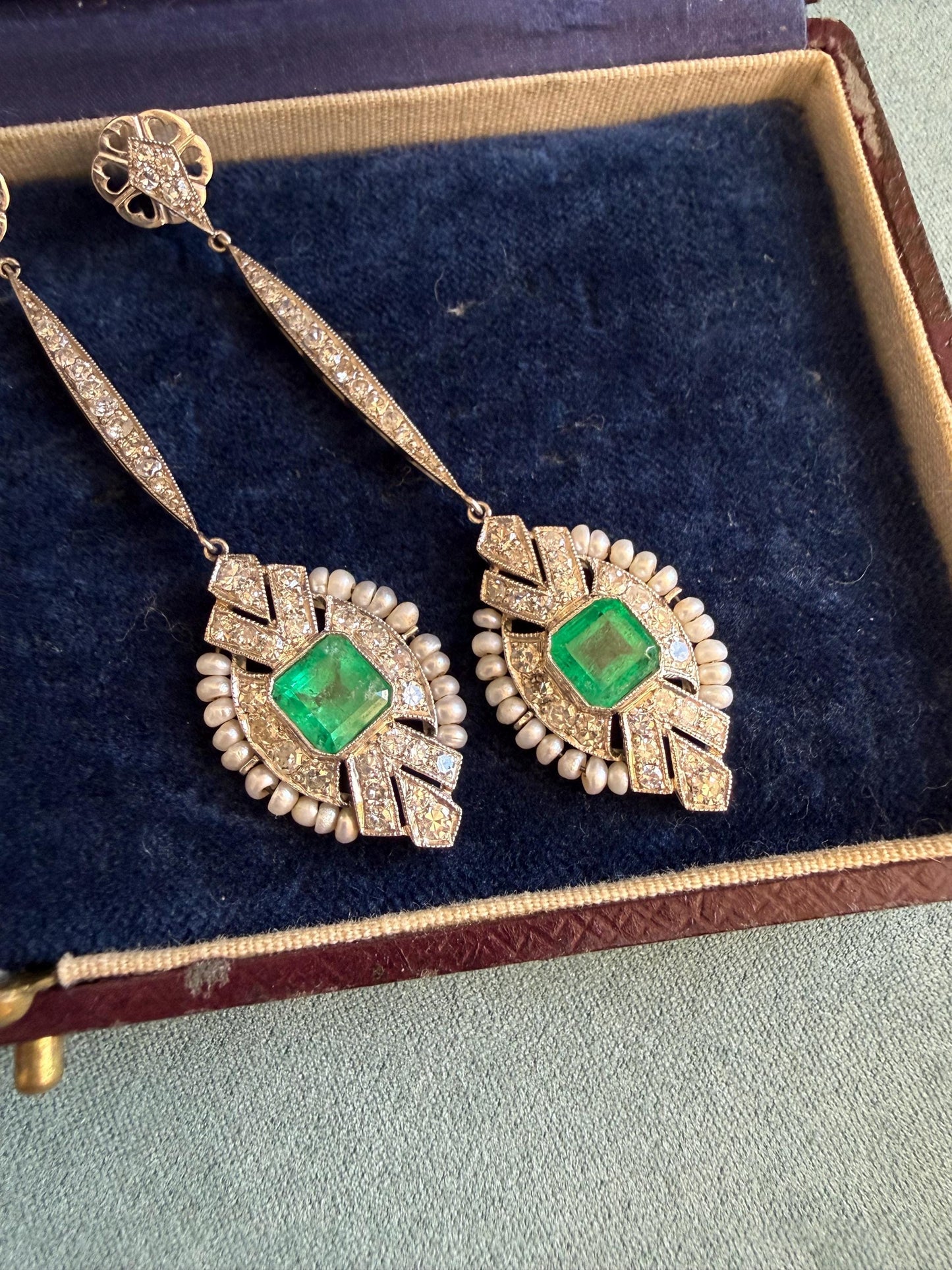 Art Deco Emerald & Diamond Cocktail Earrings | Platinum, Pearls and Old-Cut Diamonds